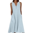 thumbnail image 1 of Ohufall Robe Femme en Coton et Lin à Col en V Sans Manches Décontractée Robe Débardeur Unie Confortable avec Poches Robe Midi d'Été Chic, 1 of 5