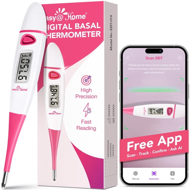 easy@Home Digital Basal Body Thermometer for Adults - Ovulation BBT centered front-facing basal thermometer with white slim body, flexible waterproof tip, small digital LCD showing temperature (℃/℉), memory recall icon, 1/100th-degree precision and Premom app Auto Scan compatibility.
