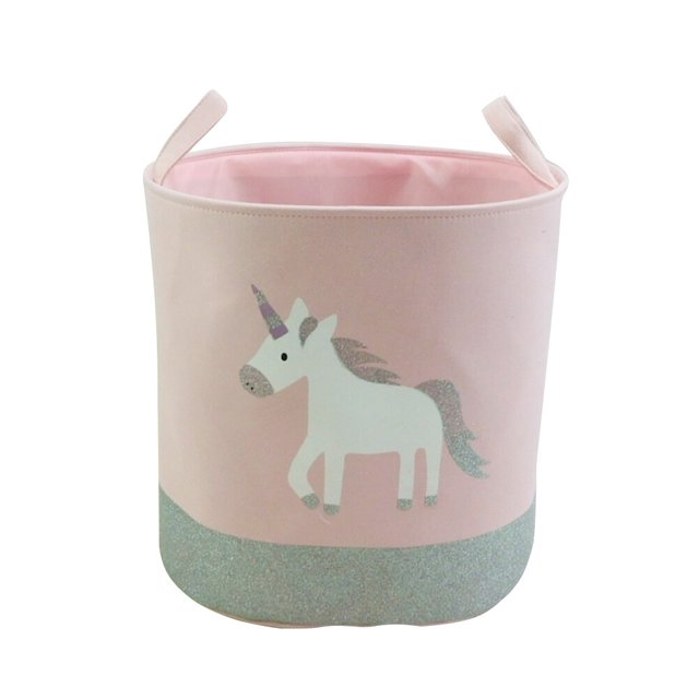 Printed Laundry Baskets Folding Cartoon Pattern Linen Fabric Laundry Organizing Basket(Pink Unicorn)
