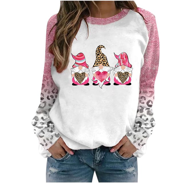 VALMASS Plus Size Valentine'S Day Sweat-Shirts à Manches Raglan Imprimé Mode Hauts Confortables Décontractés Sweat-Shirts à Col Rond (3XL, Pink-E)