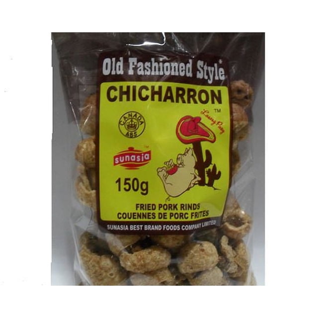 Sunasia Old Fashioned Style Chicharron 150g bag of fried pork rinds in clear packaging with a yellow label featuring a cartoon pig and cactus, ideal as a crispy Mexican snack or topping for soups and eggs, labeled in English and French for Canadian consumers.