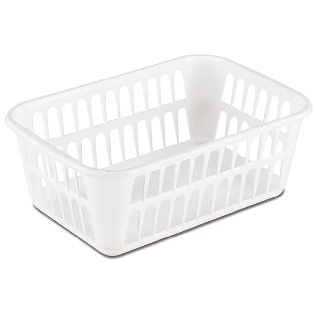 Sterilite White Storage Tray, a rectangular white plastic basket with vertical ventilation slots and a reinforced rim for easy handling, measuring 11 1/4 by 8 by 4 1/4 inches, ideal for organizing smaller items in closets, shelves, or countertops, and often used as a compact storage solution for craft supplies or toiletries.