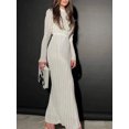thumbnail image 3 of Faithtur Women's Spring Autumn Long Dress Solid Color Long Sleeve Half High Neck Ruched Tie Up Dress, 3 of 5