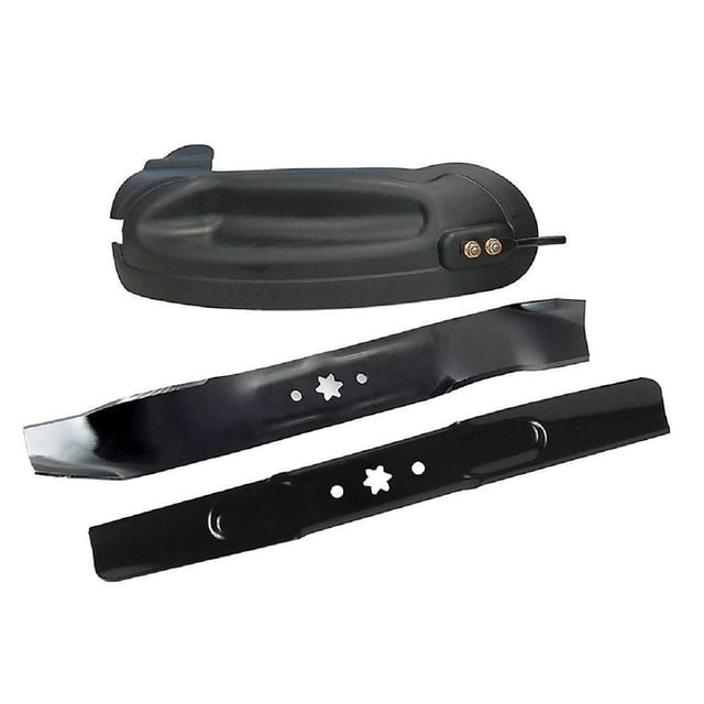 MTD 42-inch Lawn Tractor Mulch Kit featuring two black steel mulching blades with star-shaped mounting holes and a molded black plug with metal terminals, designed for 42-inch side discharge tractors and RZT mowers from 2012 onward, compatible with Troy-Bilt, Cub Cadet, and similar brands.
