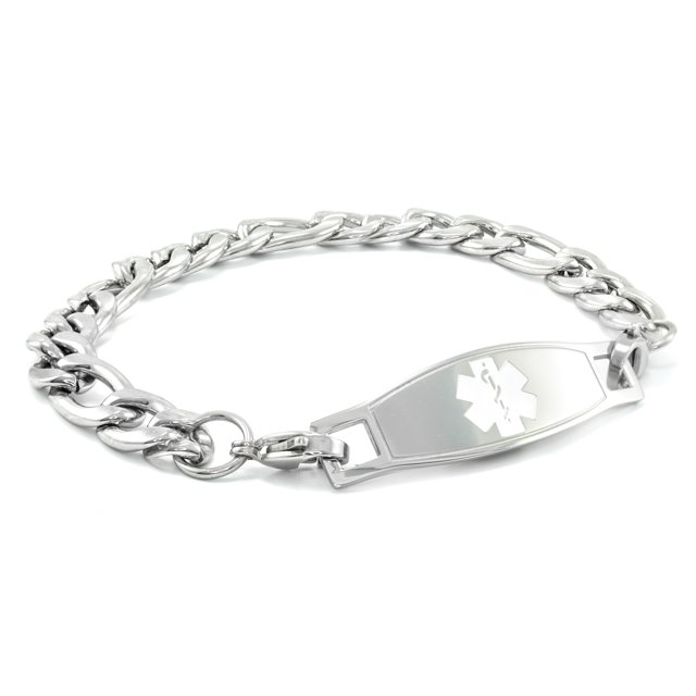 MedicEngraved Bracelet à Maillons Figaro 9 mm en Acier Inoxydable 316L pour Chirurgie avec Étiquette Médicale en Émail - Gravure Médicale Incluse