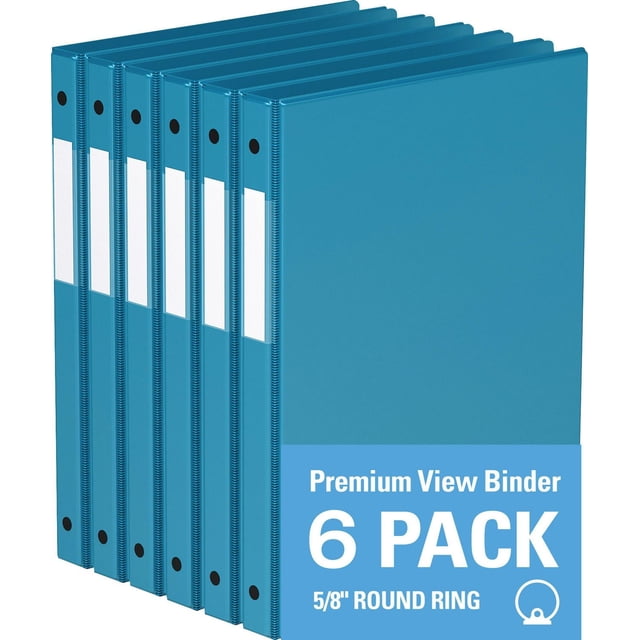 Davis Group Premium Economy Round Ring Binder 6 Pack, 5/8 inch, showing six blue binders with clear interior pockets on front and back covers, full-width label holders on spines for easy identification, ideal for office, school, and conference use.