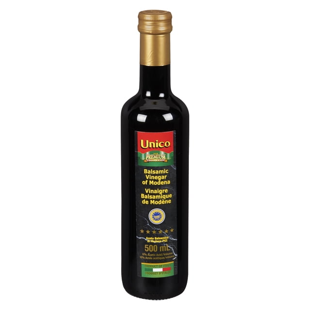 Unico Balsamic Vinegar of Modena PGI in a 500 ml dark glass bottle with a gold foil cap, labeled with its 6-year aging and PGI certification, ideal for salads, poultry, fish, and as a marinade or sauce enhancer.