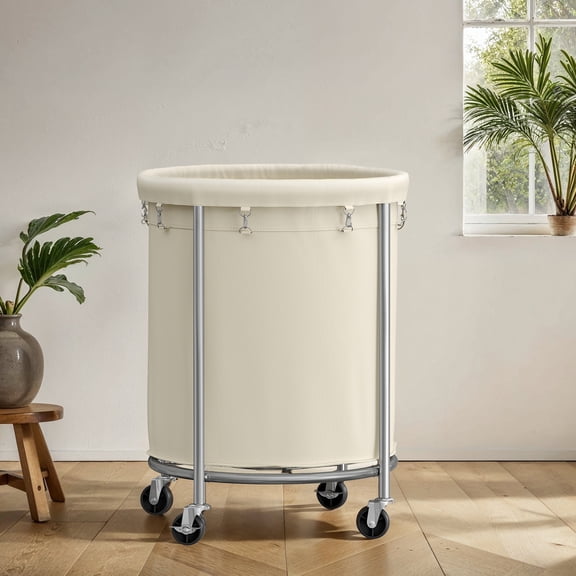 Large Rolling Laundry Hamper, Heavy-Duty Basket with Steel Frame, Removable Bag, for Home, Wheels, White and Silver