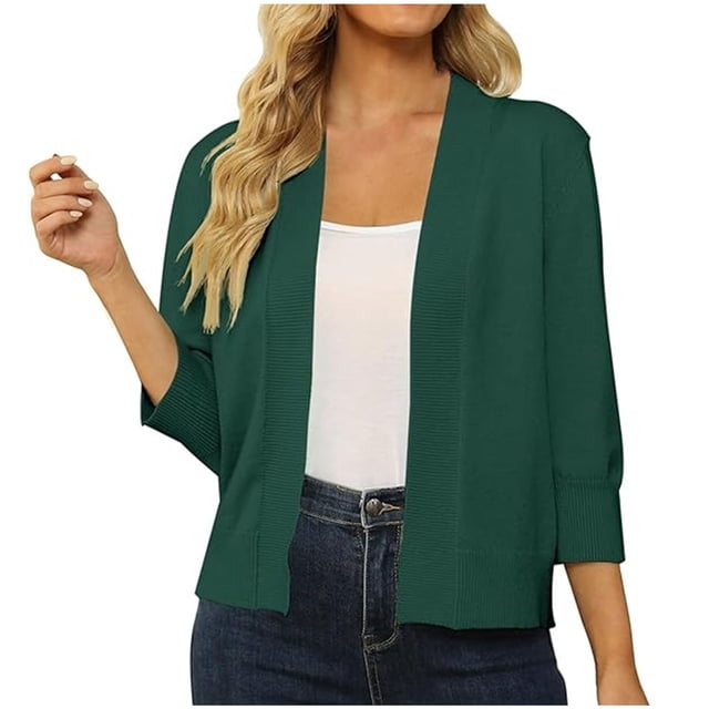 Pitauce Cardigan Court pour Femmes à Manches 3/4, Ouvert à l'Avant, Boléro Léger en Tricot, Shrug Cardigan