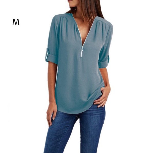 facefd Femmes pour Décoration de Fermeture Éclair devant Col en V Manches Courtes Chemise Bleu Paon m