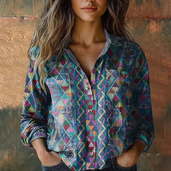 Women's Printed Cotton Button Down Shirt, Fashion Long Sleeve Blouse with Wrinkle Resistant Comfort, Casual Fall Top for Halloween, Vacation and Travel Outfits Dark Blue M