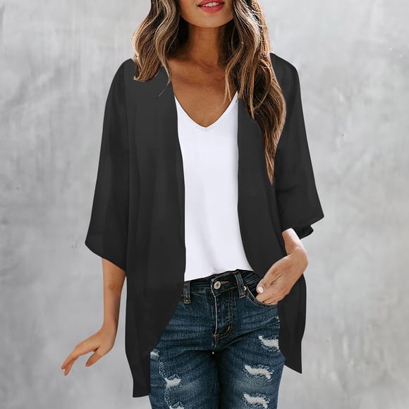lcziwo 2024 Ladies Summer Kimono Cardigan Kimonos for Women Solid Color Lightweight Chiffon Kimonos Cardigan Puff Sleeve Loose Beach Wear Cover Up Blouse Tops Black S
