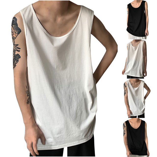 BADHUB Men's Causal Tank Tops Undershirt Solid Color Basic Crew Neck Sleeveless Shirt Summer Savings White M