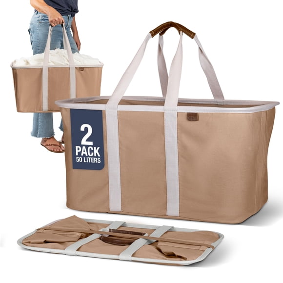 CleverMade Sac Fourre-Tout à Linge Pliable, Lot de 2 (50 L) – Bac de Rangement Pliable à Transporter pour la Lessive, le Coffre de Voiture, le VR, le Dortoir et l'Organisation de la Maison – Mélange de Coton Luxueux avec Cuir Végane