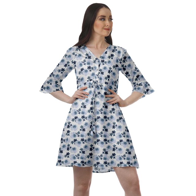 Moomaya Robe Décontractée en Poly-Crêpe pour Femmes, Imprimée, à Col en V, Mini-Robe à Cordon
