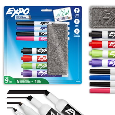 Ensemble de marqueurs effaçables à sec EXPO, marqueurs à pointe fine et biseautée, couleurs variées, efface, 9 unités