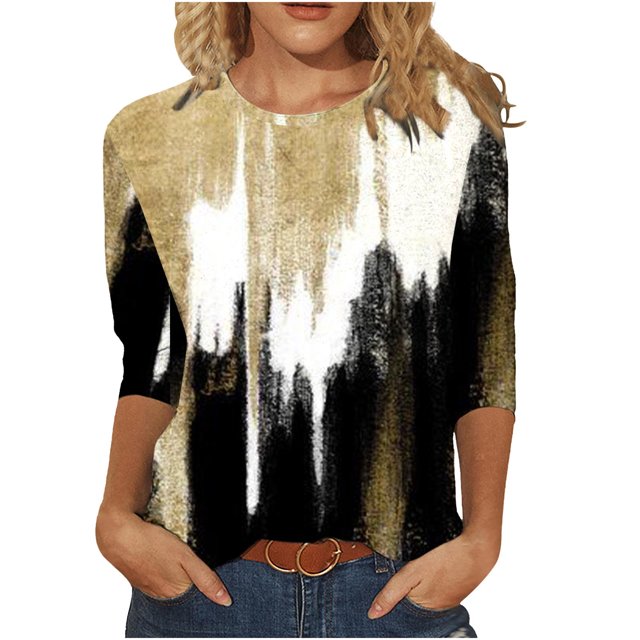 IROINID T-Shirts à Manches Longues pour Femmes Manches 3/4 Chemises de Détente Pull Tunique Ample Blouse Imprimée Col Rond, Jaune