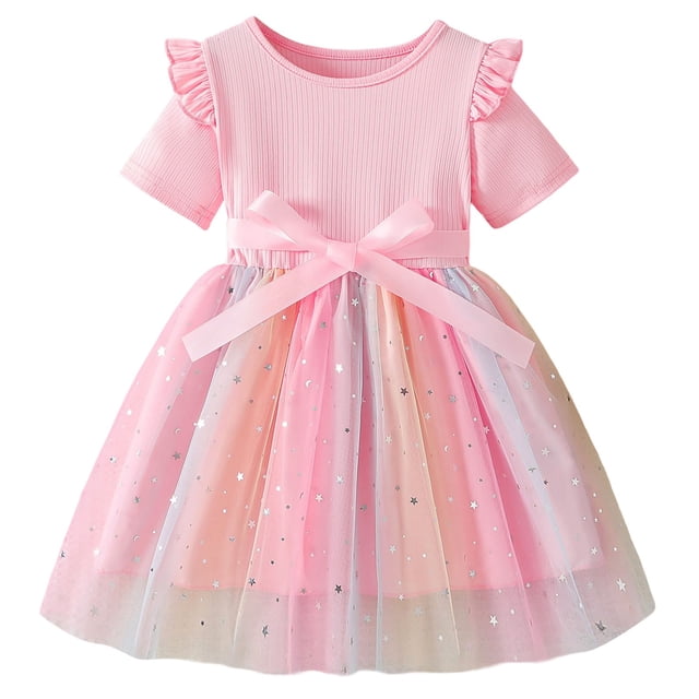 MIASHUI Robe Tutu en Tulle pour Bébé Fille, Tout-Petit, à Volants, Manches Courtes, Fleur, Princesse, Robe d'Été de Fête, Rose, 4-5 Ans