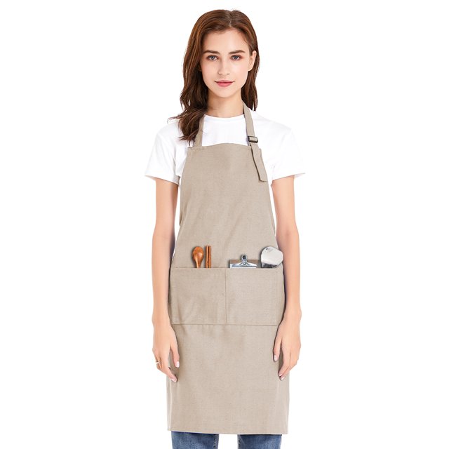(Price/each)Opromo Unisex Cotton Canvas Adjustable Chef Kitchen Aprons with 2 Pockets-Khaki-L