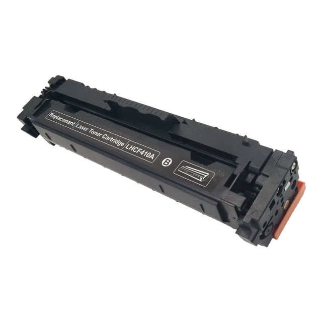 L-ink Cartouche de Toner Noire Compatible HP 410A (CF410A) Montrée dans une Vue Angulaire avant avec un Corps Rectangulaire en Plastique Noir, une Poignée Supérieure et une Étiquette Indiquant le Remplacement de la Cartouche de Toner laser LHCF410A. Elle Présente un Capuchon de Protection orange et Offre une Qualité d'Impression Claire et Nette pour les Imprimantes laser HP Compatibles.