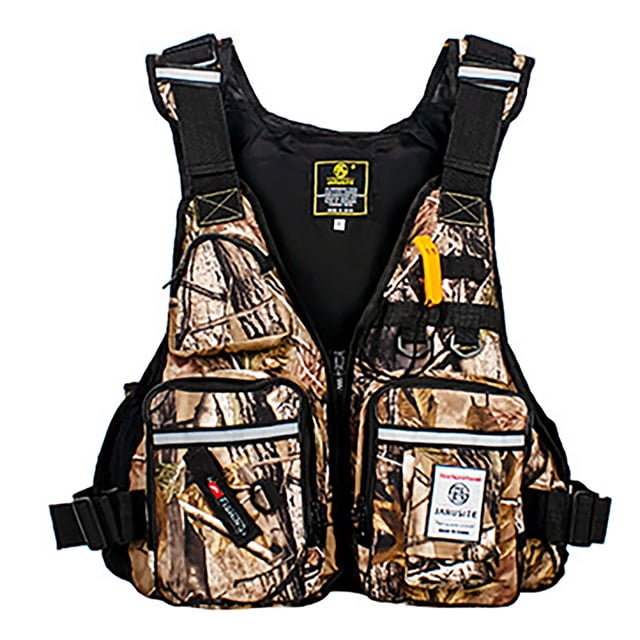Naittoop Outdoor & Sports Clearance multi-pocket adult life jacket designed for outdoor fishing and rowing sports. The vest features a camouflage pattern, high-gloss reflective cloth for night visibility, adjustable buckles and webbing for a customized fit, and multiple front pockets for storage. Includes a built-in lifeguard whistle for safety and is made of durable, wear-resistant Oxford fabric. Suitable for users up to 110kg. Dimensions: 50 x 46cm.