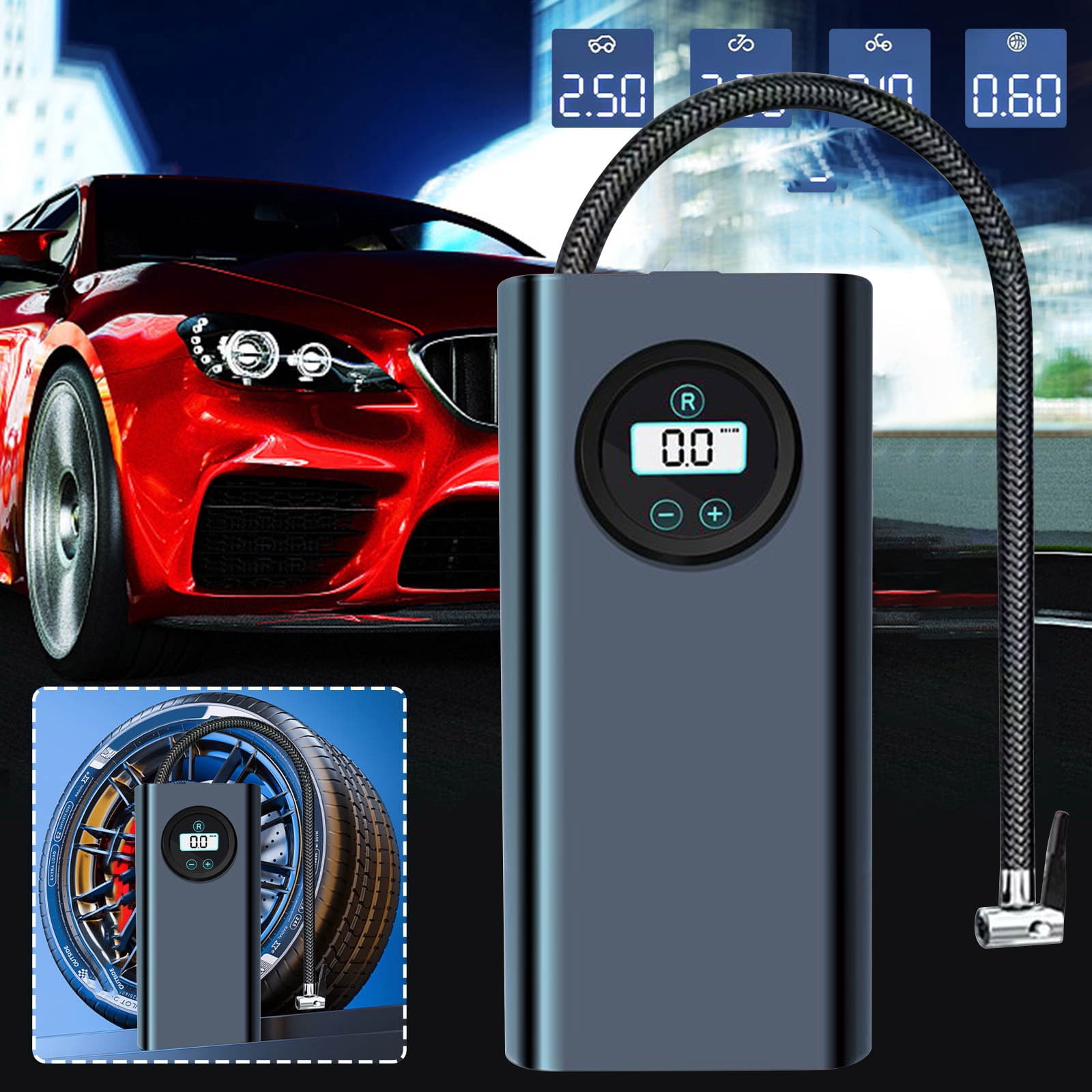 XYAIYT Portable Handheld Car Tire Inflator Pump with Digital Display and Smart Chip Rechargeable Battery Automatic Stop for Safe Suitable for Cars Bikes and Balls