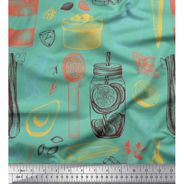 Soimoi polyester Crepe Fabric Vegetables,Jar & Cups Fabric Prints By Yard 52 Inch Wide