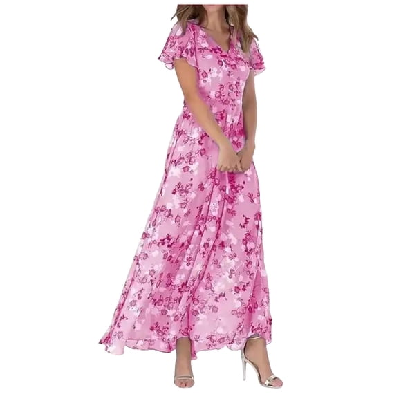 Stylish Women's Casual Swing Dresses Long Chiffon Floral Ruffle Short Sleeve V Neck Flowy Fashionable Waist Dress for Everyday Wear