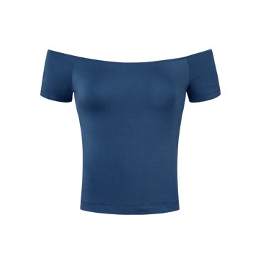 INSPIRE CHIC Women's Top Short Sleeves Off the Shoulder Hip Length Solid Blouse L Navy Blue