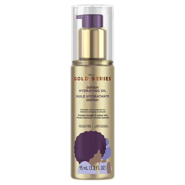 Pantene Pro-V Gold Series Intense Hydrating Oil in a gold bottle with a purple pump and clear cap, infused with argan oil to strengthen and hydrate hair, sulfate-free and paraben-free, 95 mL (3.2 FL OZ), ideal for adding shine and healing fragile strands.