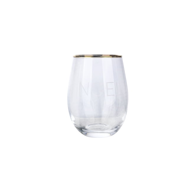 Holiday Time WW Noel Stemless Wine Glass, 18oz capacity, clear glass with a gold electroplated rim and etched NOEL pattern, modern stemless design ideal for wine or craft cocktails, hand wash recommended, suitable for cold drinks.