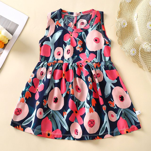 LOVZFMLL Girls' Summer Sleeveless Printed Round-Neck Embroidery Mesh Princess Bow Skirt