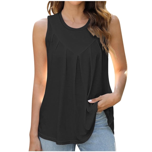 AherBiu Débardeurs de Sortie pour Femmes Col Rond Débardeurs Décontractés Coupe Ample T-Shirts Extensibles Mode Débardeurs Sans Manches