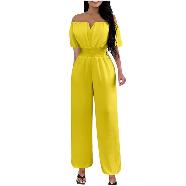 Birdeem Womens One Line Neck Waist Loose Straight Jumpsuit Versatile Pants