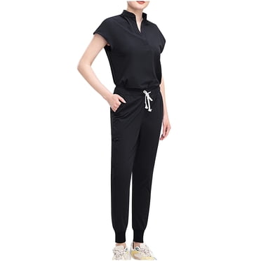 Ensemble de Sarraus pour Femmes, Haut de Sarrau à Col en V Extensible et Pantalon Jogger à Cordon avec 5 Poches, Uniforme d'Infirmière Anti-Froissement, Ensemble à Boutons, Manches Courtes, Pantalon Long, Tenue de Travail, Noir