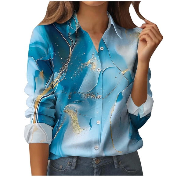 Wo-Fusoul Women's Long Sleeve Casual Blouse, Button Down Shirt with Vintage Print, Soft Polyester and Spandex Blend for Comfort, Versatile Top for Spring and Summer Daily Wear