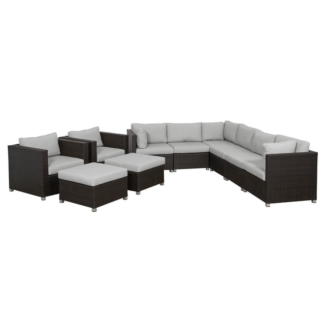 Innesbrook Collection 10-Piece Aluminum Patio Conversation Set with Grey Cushions featuring a modular L-shaped sectional sofa, two armchairs, and two ottomans. Made with rust-resistant powder-coated aluminum frame and dark PE resin wicker, it includes five-inch thick grey cushions for outdoor comfort and durability.