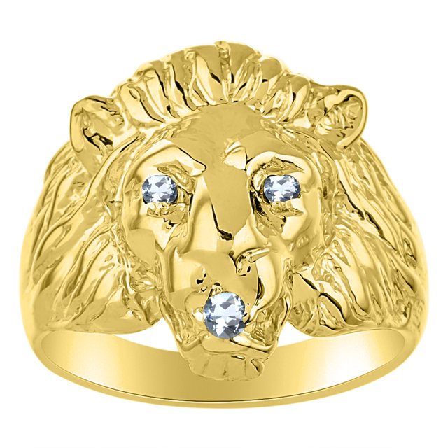 RYLOS Gold Plated Silver Lion Head Ring Color Stone Birthstones Eyes and Mouth Fun Designer Rings Aquamarine Jewelry Size 6
