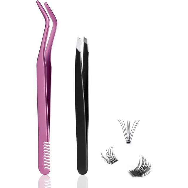 Eyelash Applicator Tool 1 Lash Applicator for Clusters Lashes Plus 1 Eyebrow Tweezers DIY Eyelash Extension Tweezers Set(2 pcs)