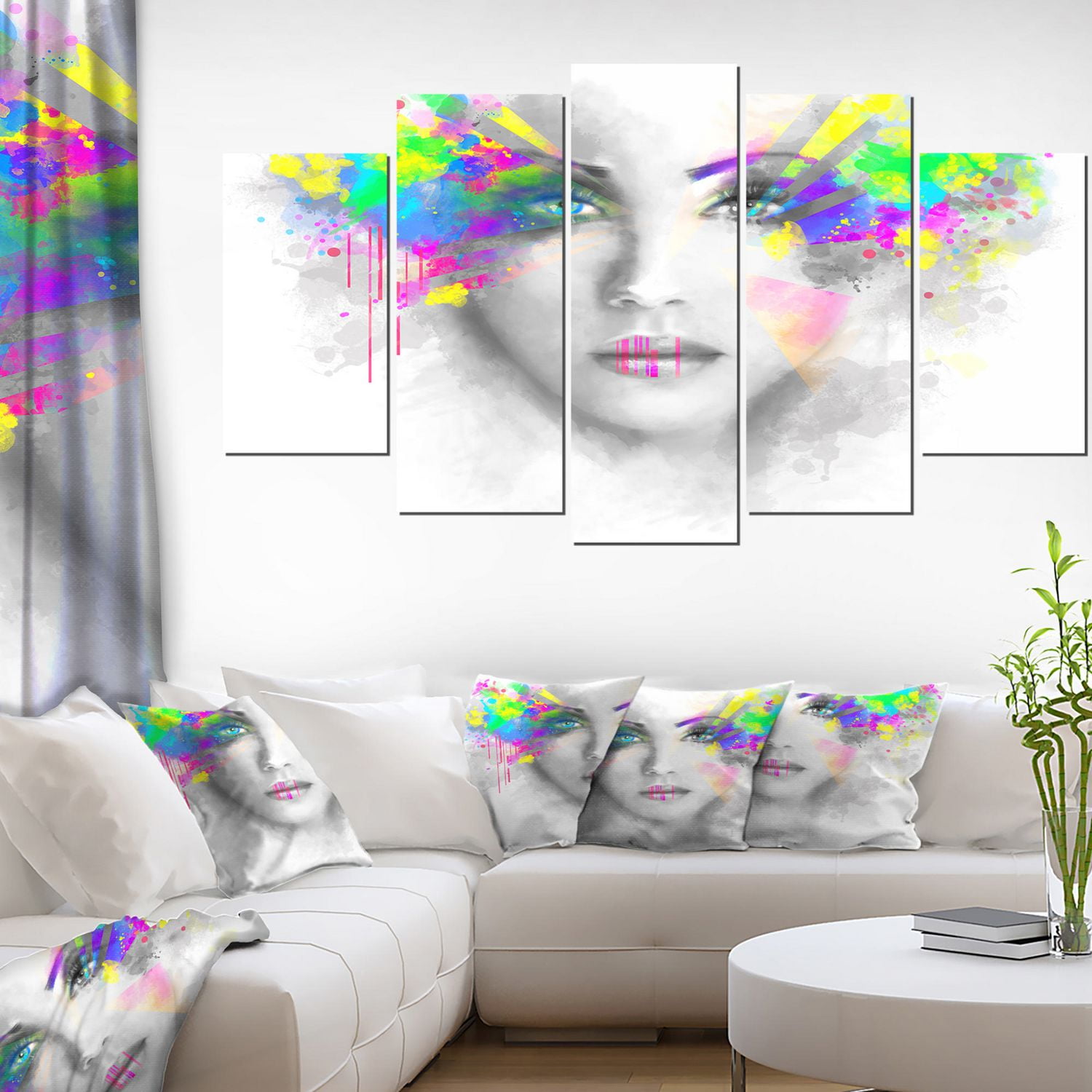 Design Art Gray Woman with Green Flowers Canvas Print