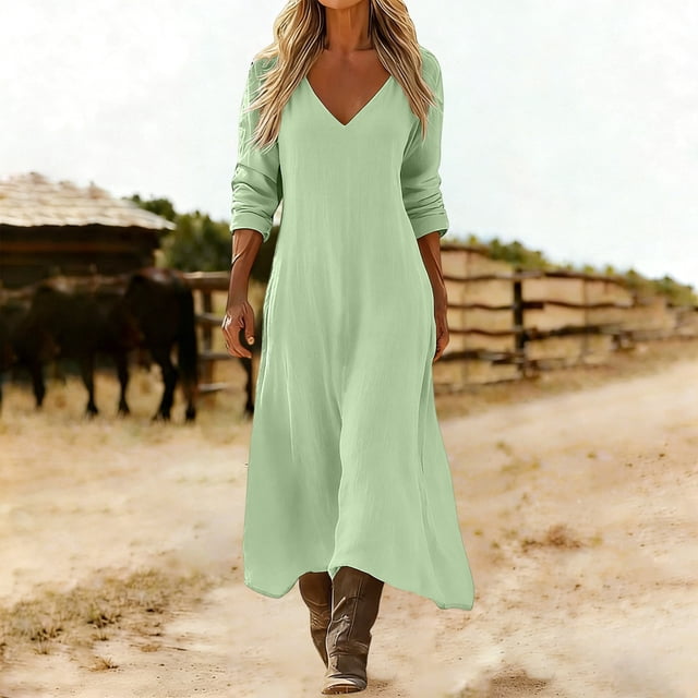 pstuiky Casual Dresses for Women, Women V-Neck Short Dress Casual Long Sleeve Dress for Women Solid Soft Knit Day Dress Lightweight Loungewear or Work Dress for Office Home Daily Wear