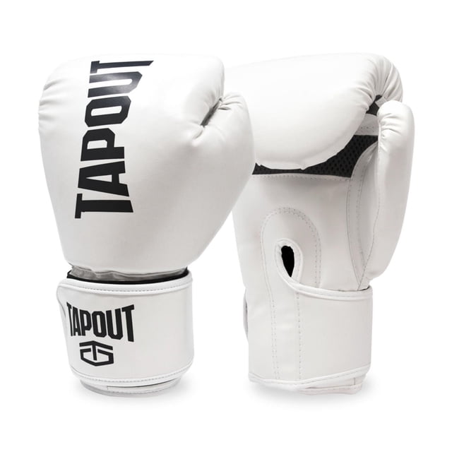 Tapout 14 oz boxing gloves with adjustable hook and loop closure in white, showing front and side views. The gloves have black Tapout branding on the wrist strap and back, padded knuckles, and mesh thumb ventilation, suitable for boxing training and sparring.