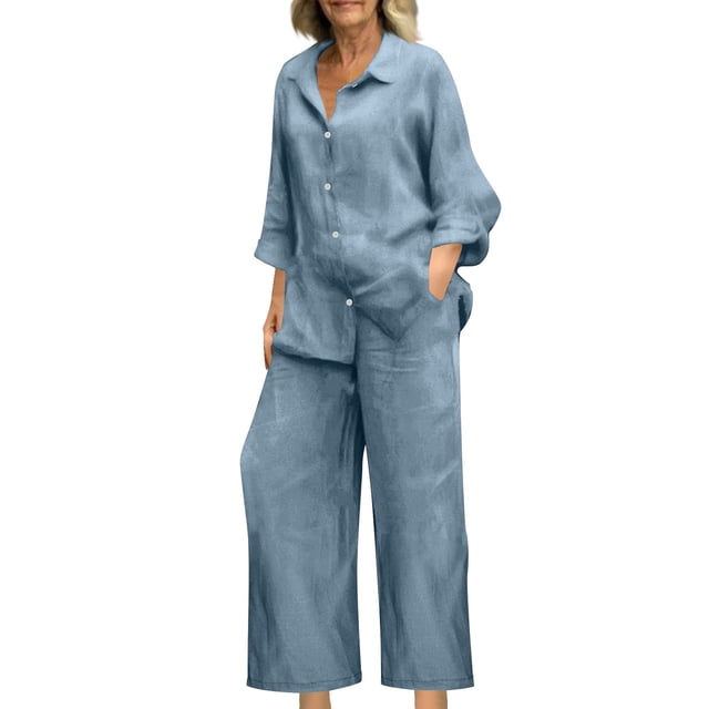 Miqool 2 Piece Sets for Women Summer Tracksuits Button Down Oversized Shirts and Wide Leg Long Pants Two Piece Lounge Sets Matching Outfits with Pockets