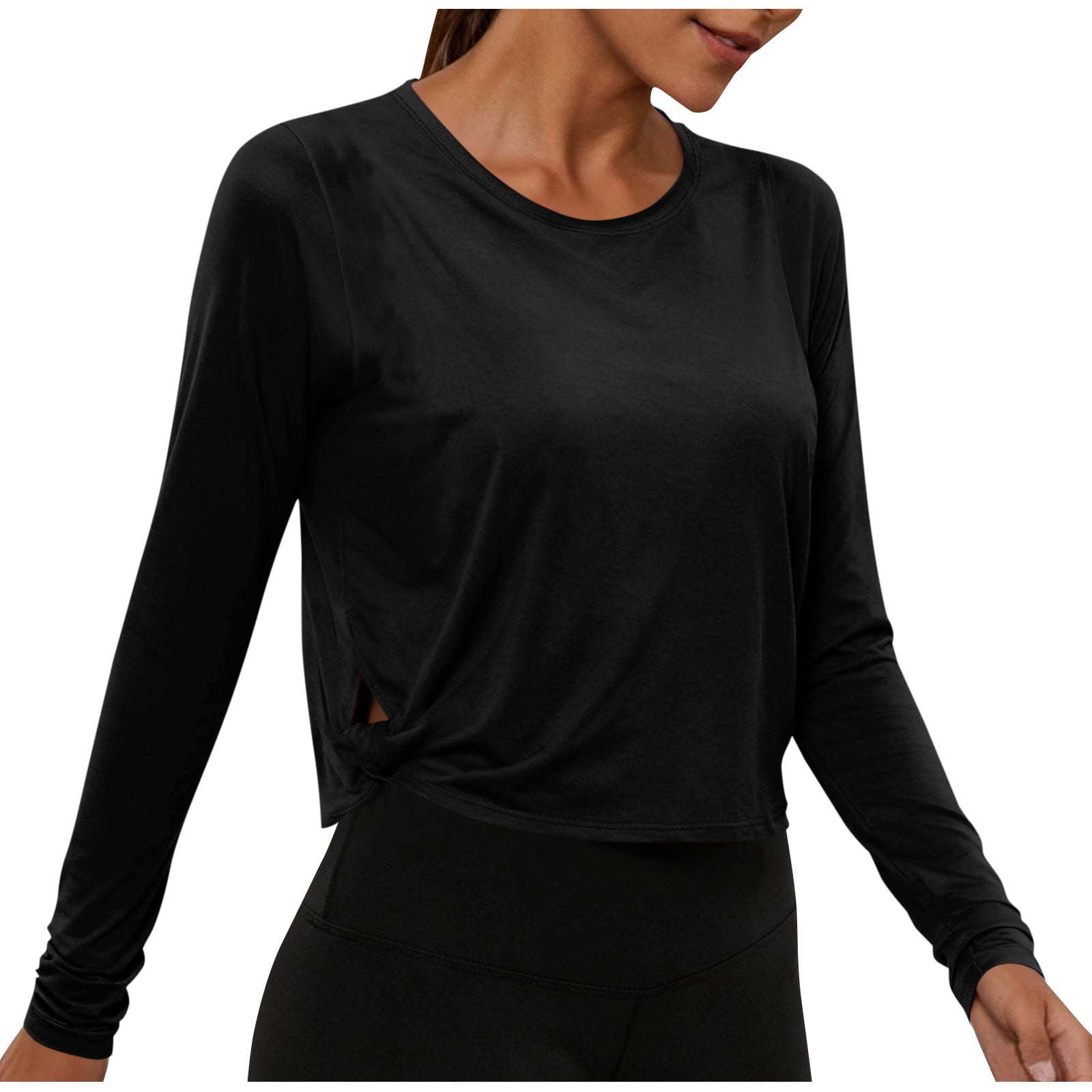cfhntfmh Hauts Courts à Manches Longues pour Femmes, Chandails d'Entraînement Athlétiques de Gym, T-Shirt Court à Col Rond, Chandail de Course pour Femmes