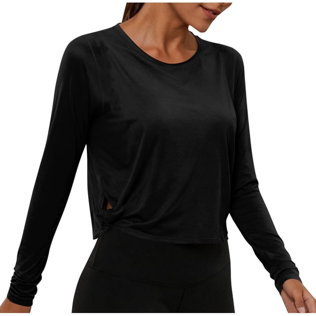 cfhntfmh Hauts Courts à Manches Longues pour Femmes, Chandails d'Entraînement Athlétiques de Gym, T-Shirt Court à Col Rond, Chandail de Course pour Femmes