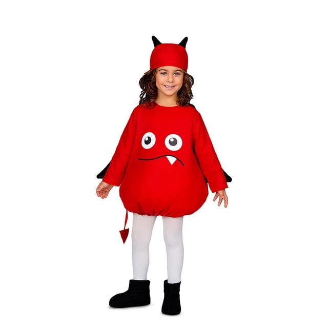 Child's Little Devil Costume featuring a soft red plush tunic with a cartoon face, black cape, red headpiece with black horns, attached tail, and black boot covers, worn by a child standing front-facing on a white background, suitable for Halloween celebrations.