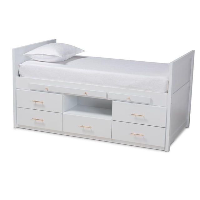 Baxton Studio Mirza Lit de Rangement Format Simple en Bois Fini Blanc avec Bureau Coulissant