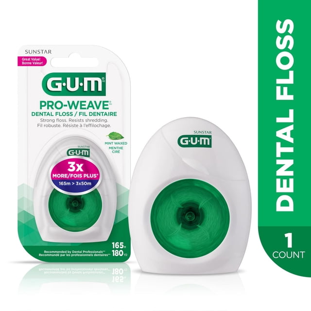 GUM® PRO-Weave® Fil Dentaire Ciré en Saveur Menthe, Logé dans un Contenant de Bobine en Plastique Blanc avec une Bobine de Floss Verte visible à Travers une Fenêtre Circulaire, Conçu pour Résister au Déchiquetage et Enlever Efficacement la plaque Dentaire, Offrant 165 Mètres (180 yards) de Floss pour le Soin Quotidien des Gencives et la Prévention des Caries.