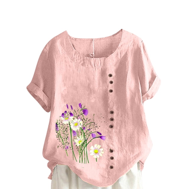 Cameland Hauts pour Femmes Col Rond Manches Courtes Imprimé Floral Chemise Ample Hauts