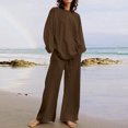 thumbnail image 1 of EGNMCR Women 2 Piece Linen Outfits Solid Color Long Sleeve Suit Drawstring Wide Leg Pants with Pockets Womens Lounge Sets, 1 of 7